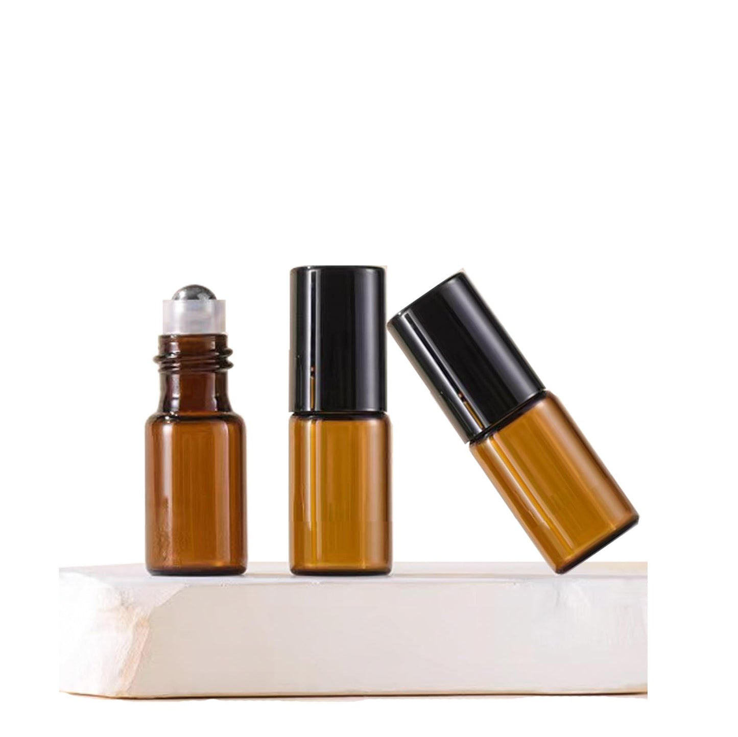 AGENIZ 50Pcs Amber Glass Roller Bottles for Essential Oils 3ml Glass Roll on Bottles with Stainless Steel Roller Balls Mini Sample Vials Cosmetics Small Container (Amber, 3ml)
