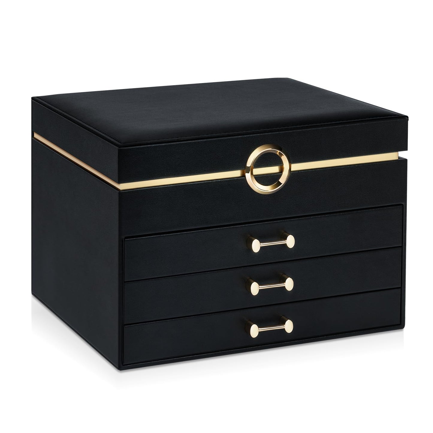 V-LAFUY Jewelry Boxes for Women, Large Jewelry Storage Boxes, 4-Layer Leather Jewelry Organizer with 3 Drawers, Jewelry Display Case Gift for Women Girls, Black