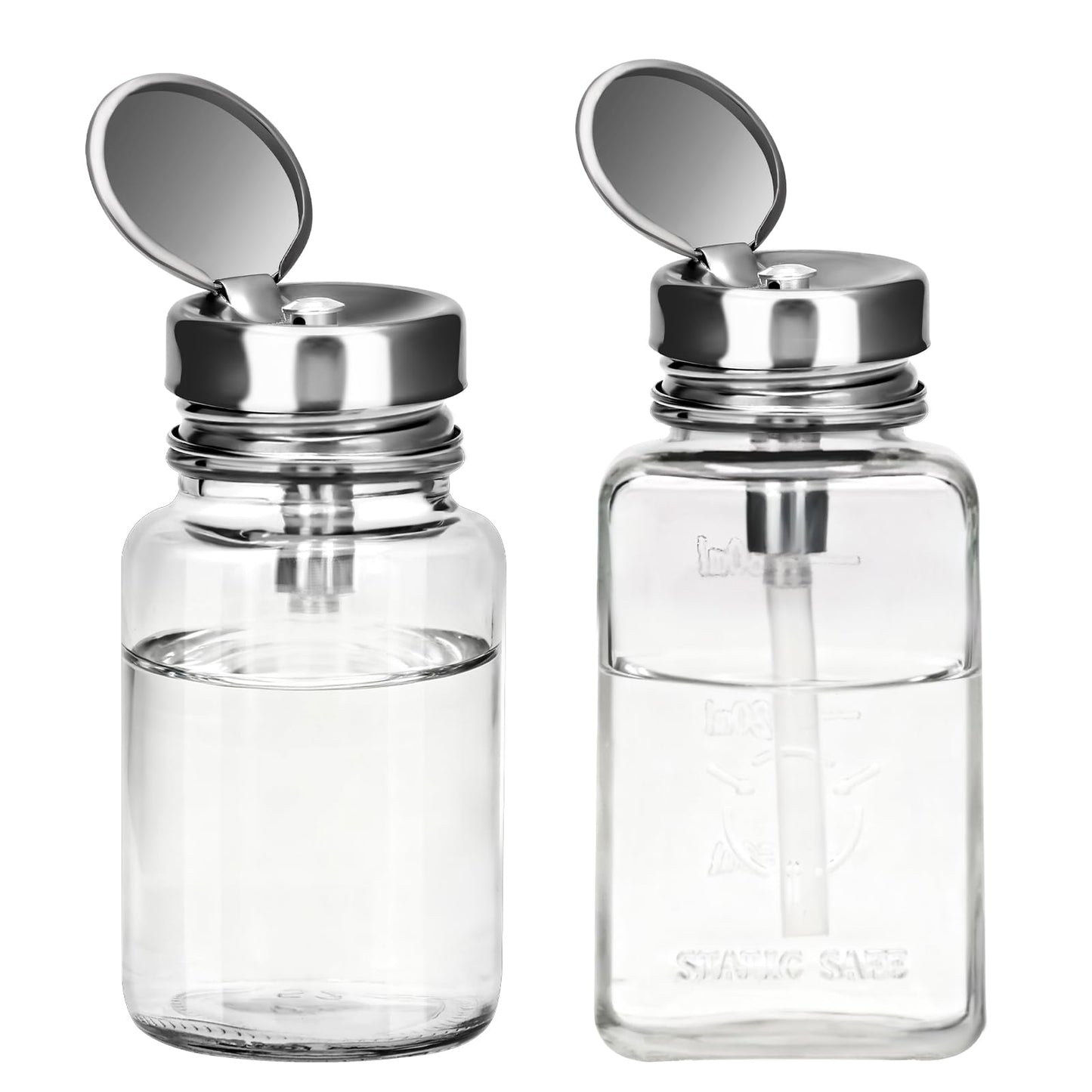 2 Pcs Clear Pump Dispenser Bottles (180ml/6Oz + 100ml), Glass Push Down Liquid Dispenser with Metal Flip Cover, Refillable Press Container for Nail Polish Remover, Makeup Remover & Lotion