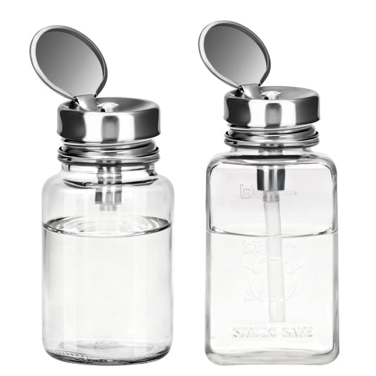 2 Pcs Clear Pump Dispenser Bottles (180ml/6Oz + 100ml), Glass Push Down Liquid Dispenser with Metal Flip Cover, Refillable Press Container for Nail Polish Remover, Makeup Remover & Lotion