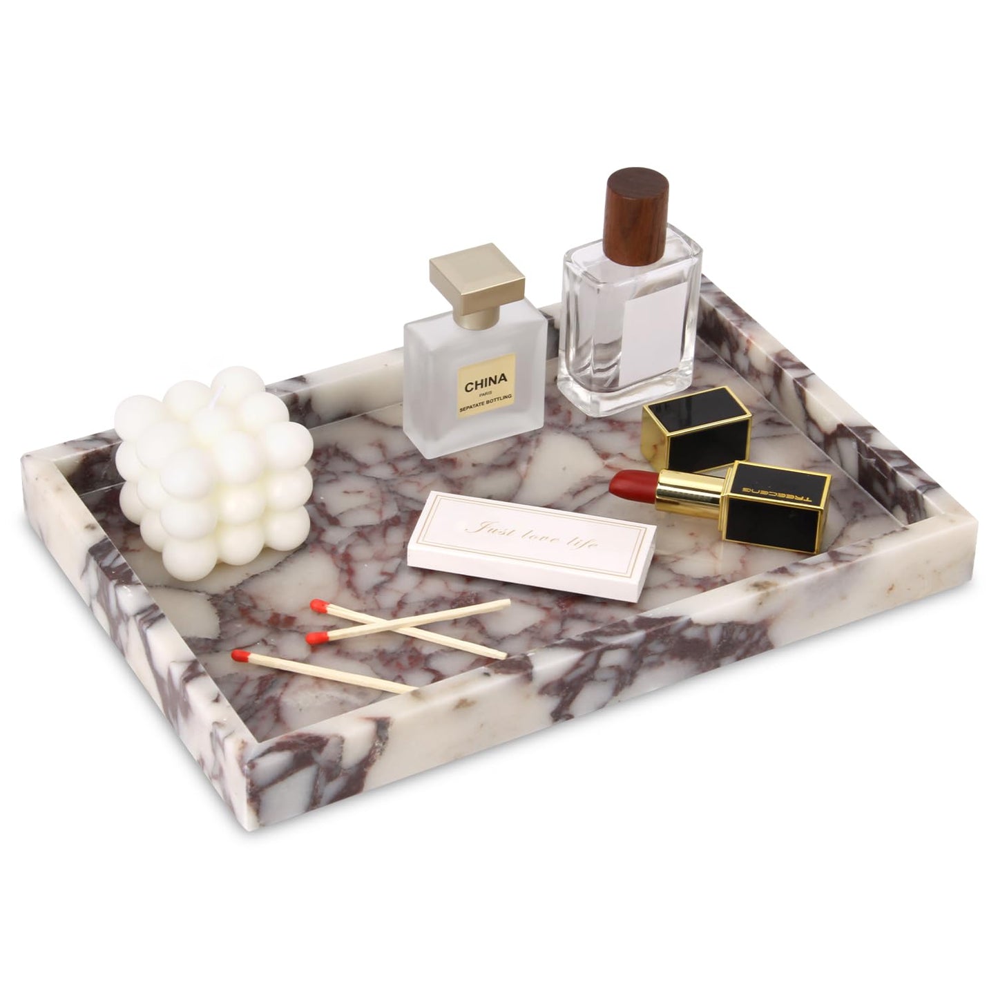 Marble Bathroom Vanity Tray, Natural Luxury Vanity Home Kitchen Bathroom Table Tray, Stone Decorative Countertop Dresser Trays for Key Coffee Perfume Jewelry Makeup (Calacatta Viola, 12"x 8" x1.2")