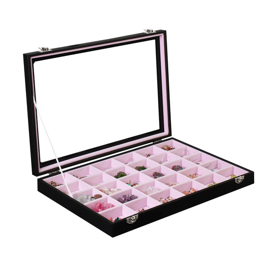 Stratalife Jewelry Organizer Earring Holder Jewelry Tray with Lid Earring Storage Drawer Organizer Earring Ring Storage for Women 30 Grid (Pink Black)