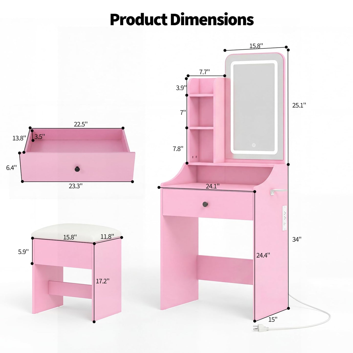 DUMOS Small Makeup Vanity Desk with LED Mirror and Storage Bench, Pink