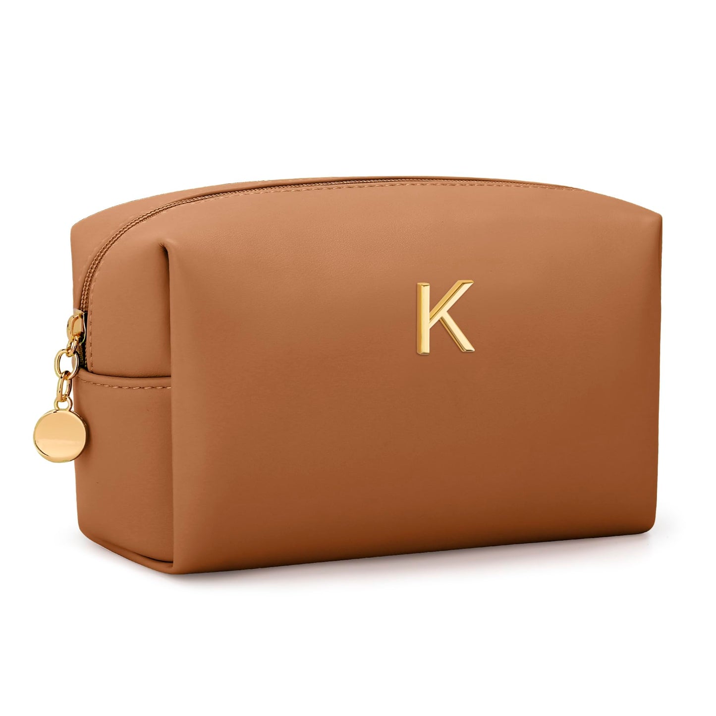 CLOUDWINGS Gifts for Women Bridesmaid Gifts Personalized Initial Makeup Bag PU Leather Cosmetic Waterproof Travel Toiletry Bag (Brown K)