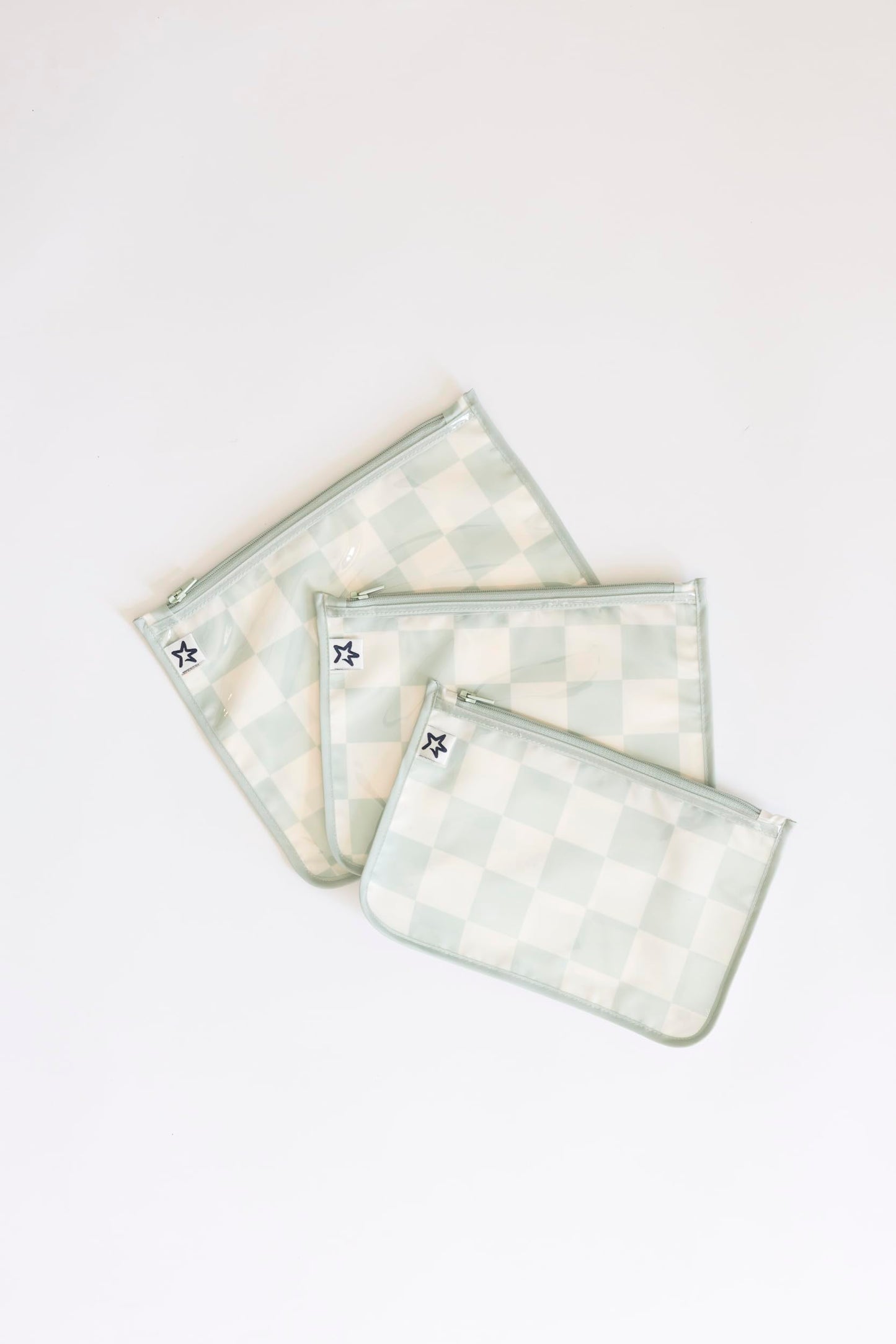 Tiny Twinkle Diaper Bag Organizing Pouches | 3 Pack Mess-Proof Clear Front Travel Organizer Bags & TSA Approved Toiletry Bag Set for Baby and Mom Essentials (Sage Checkers)