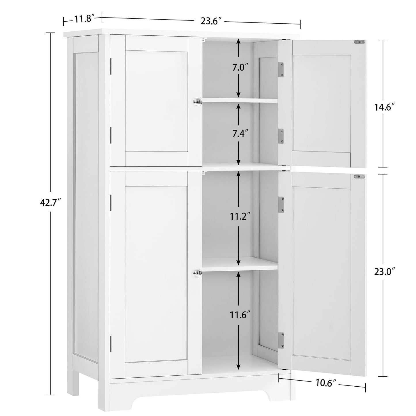 TEENFON Bathroom Floor Storage Cabinet, Freestanding Bathroom Storage Unit with 2 Adjustable Shelves & 4 Doors, White