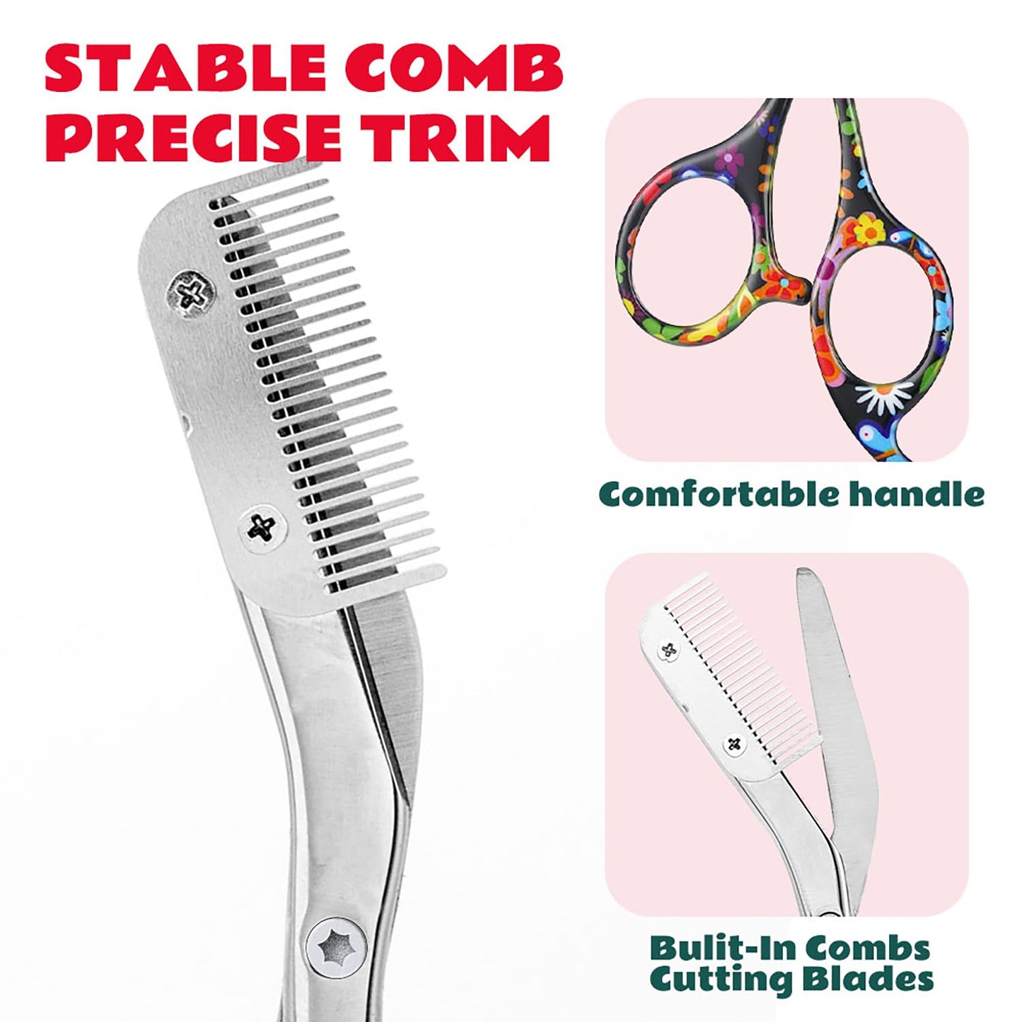 DINNAT Eyebrow Scissors With Comb, Facial Grooming Scissors Kit, Professional Precision Eyebrow Trimmer Scissors,Perfect For Gifts For Women and Men (Black Flower)