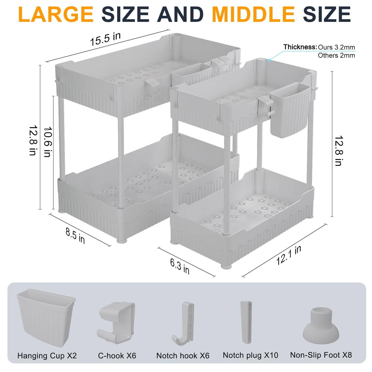 Sevenblue 2 Pack Under Sink Organizer, Under Bathroom Cabinet Organizer with Hooks Hanging Cup, Multi-Purpose Storage Shelf for Kitchen Bathroom (Gray, 12.8 Inch)