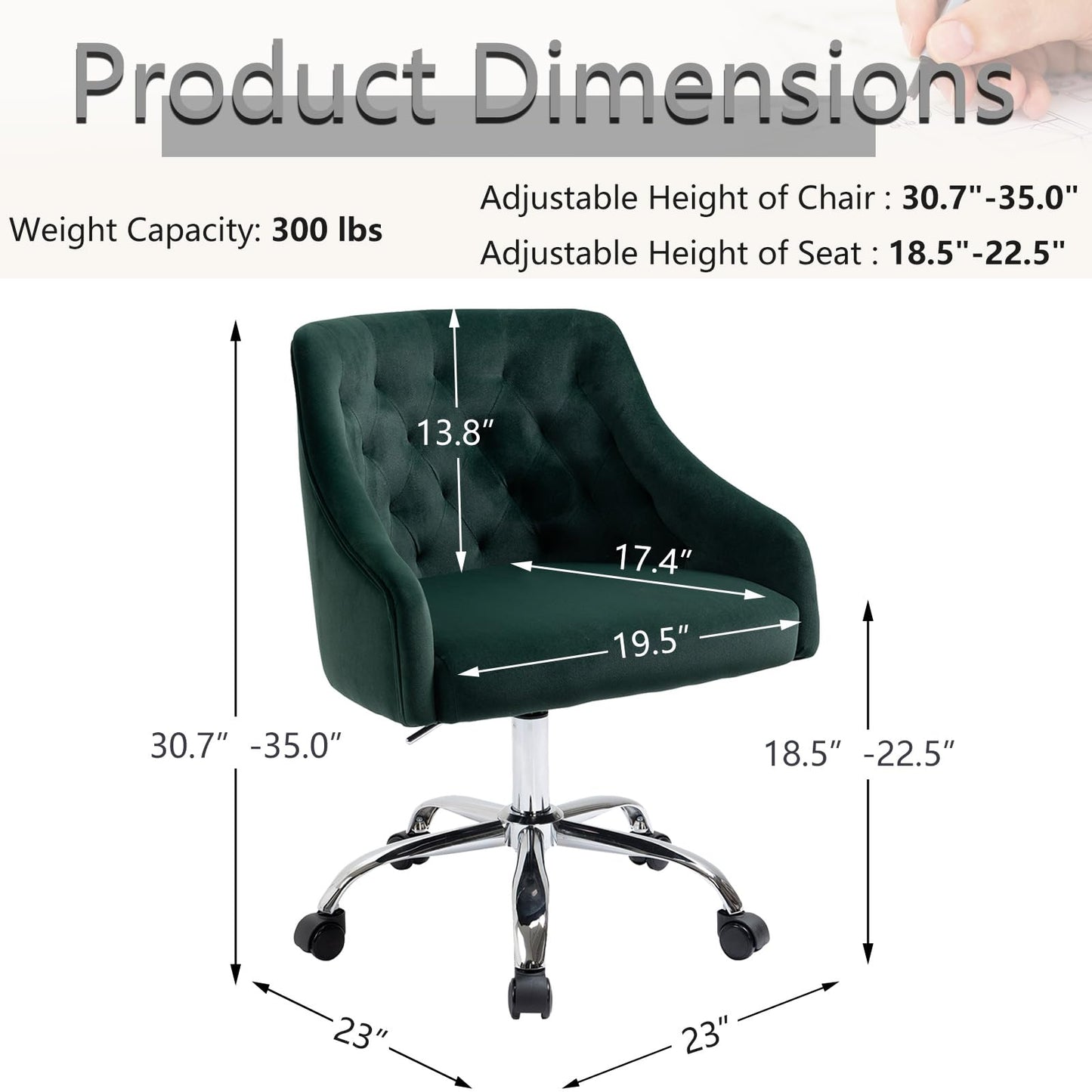 MOJAY Velvet Office Swivel Chair, Vanity Fabric Desk Pretty Fancy Gold Office Chairs for Girls, 360°Swivel Height Adjustable Reception Chair (DarkGreen)
