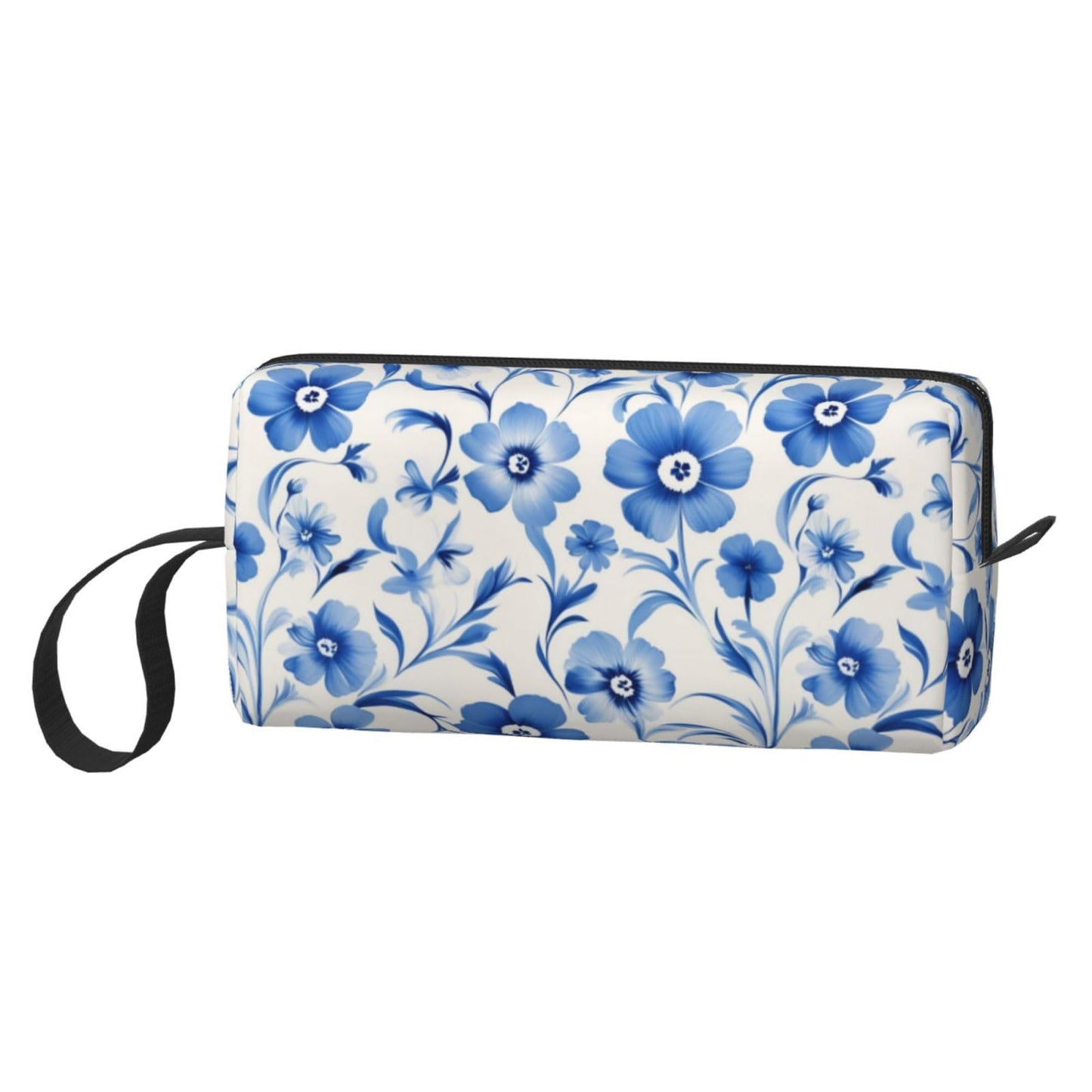 OLUSENMO Blue Elegant Flower Makeup Bag Small Compact & Durable Travel Cosmetic Bag Organizer Oxford Fabric Multi-Purpose Storage Perfect for Travel, Gym, Daily Use