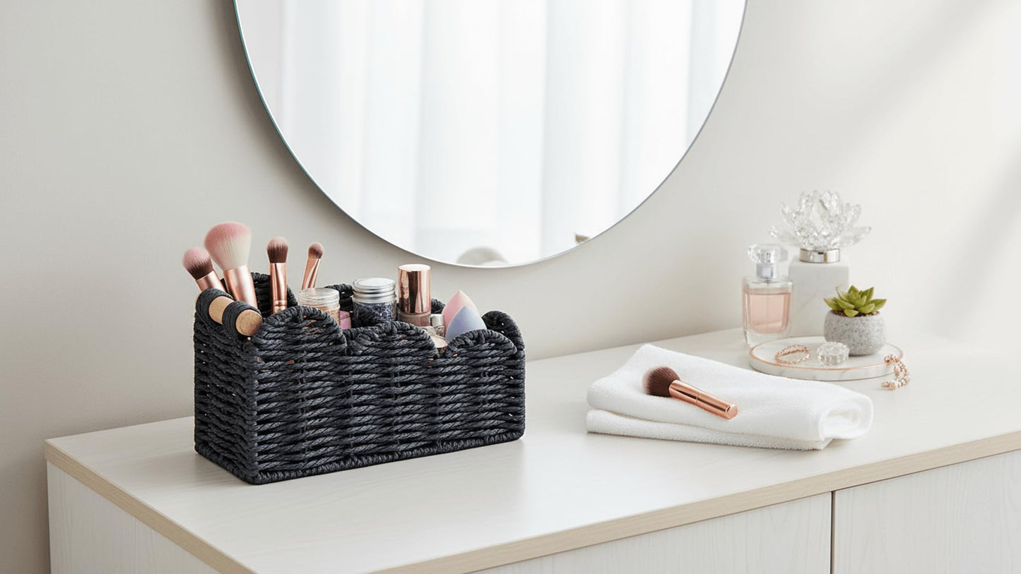 CubesLand Bedside Table Desk Organizer Caddy, Remote Pen&Pencil Holder Cup, Makeup Brush Holder w/Scalloped Perfect for Home, Office Desk, Living Room Table Decor, 3 Slots Black
