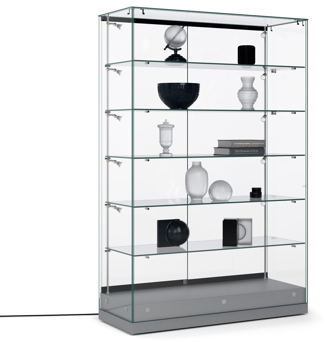 Displays2go Tempered Glass Display Cases with Lighting, Full Vision, Locking, Painted MDF Base – Silver