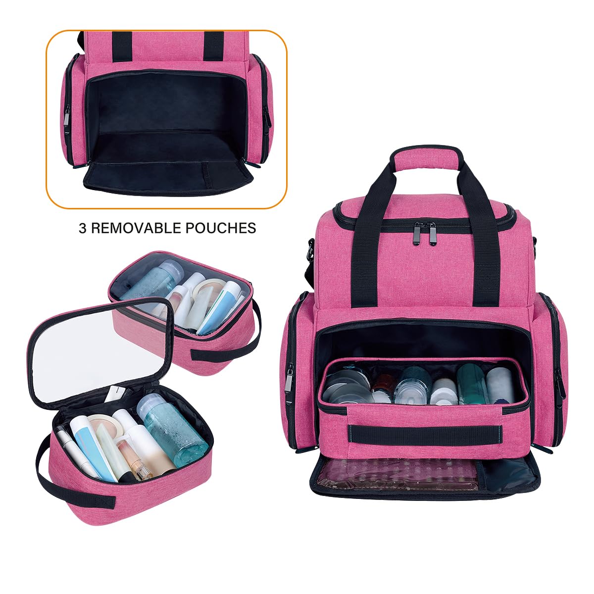 UOZL Large Makeup Cosmetic Bag with 3 Removable Case and 2 Removable Dividers Double Layer Travel Storage Organizer, Makeup Brushes Storage Section Rose Red
