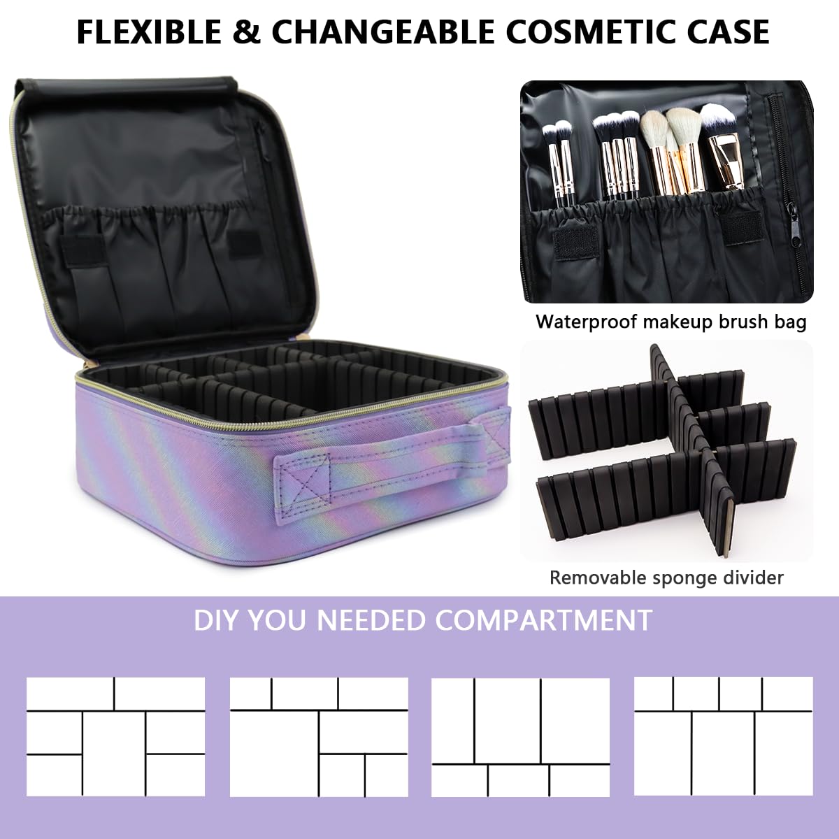 MORMID Travel Makeup Train Case Cosmetic Case Organizer Portable Artist Storage Bag with Adjustable Dividers for Cosmetics Makeup Brushes Toiletry Jewelry Digital Accessories (Purple)