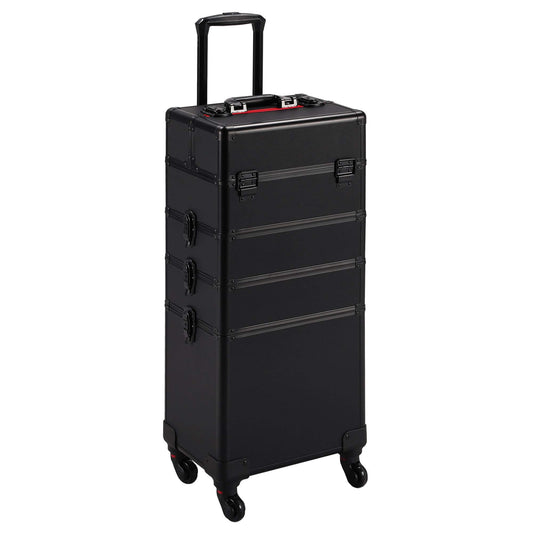 Yaheetech 4 in 1 Professional Makeup Train Case Aluminum Cosmetic Case Rolling Makeup Case Extra Large Trolley Makeup Travel Organizer, with 360° Swivel Wheels, Black