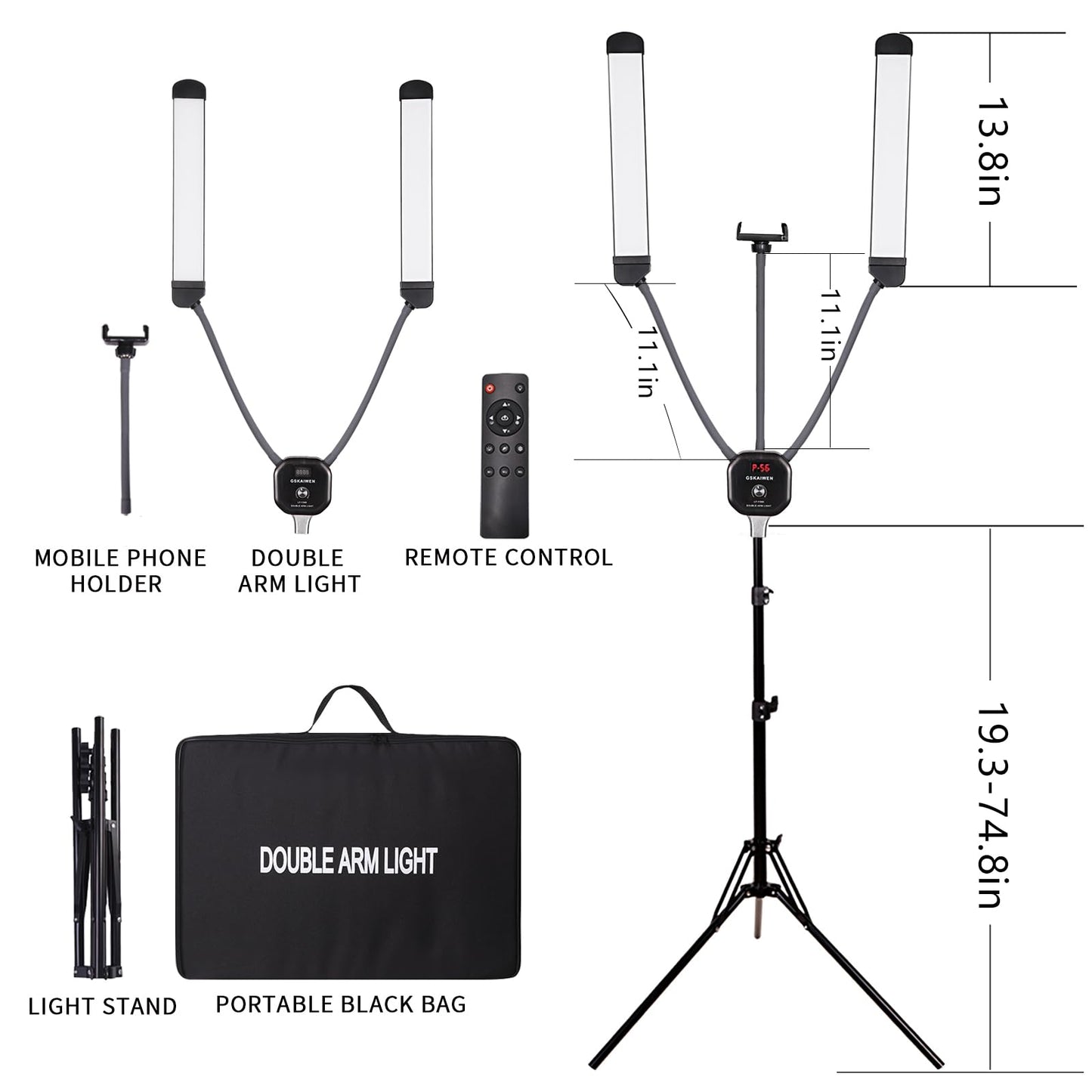 GSKAIWEN 50W Dimmable LED Video Light with Tripod Bag Photography Lighting Kit for Makeup Artist, Lash Lamp,Beauty Light Eyebrow Tattoo Lamp Studio Video Photographic, Double Arm Light