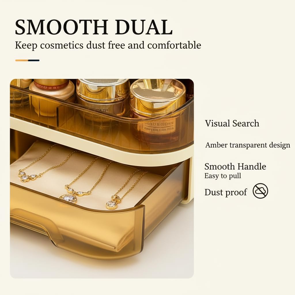 Tidyladyo Makeup Organizer Countertop with Dual Drawers, Large Capacity Cosmetic Storage for Vanity Bathroom Skincare, 360° Rotating Makeup Brush Holder