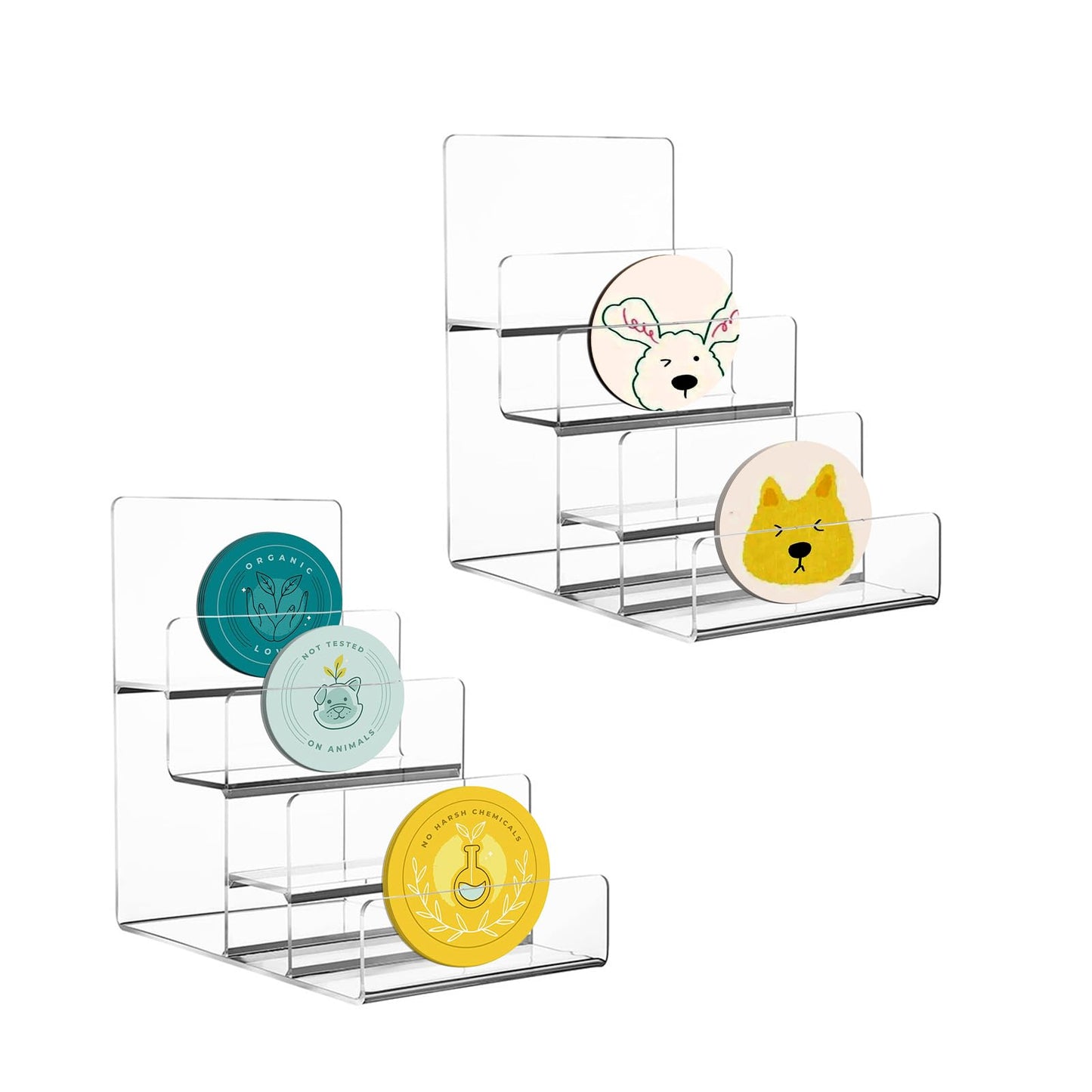 JoyHuaTrade 2 PCS 4 Tier Sticker Display Stand, Clear Stepped Sticker Holder for Vendor Events, Badge Stand Portable Shelf for Greeting Card Postcard Photo Brochure Display