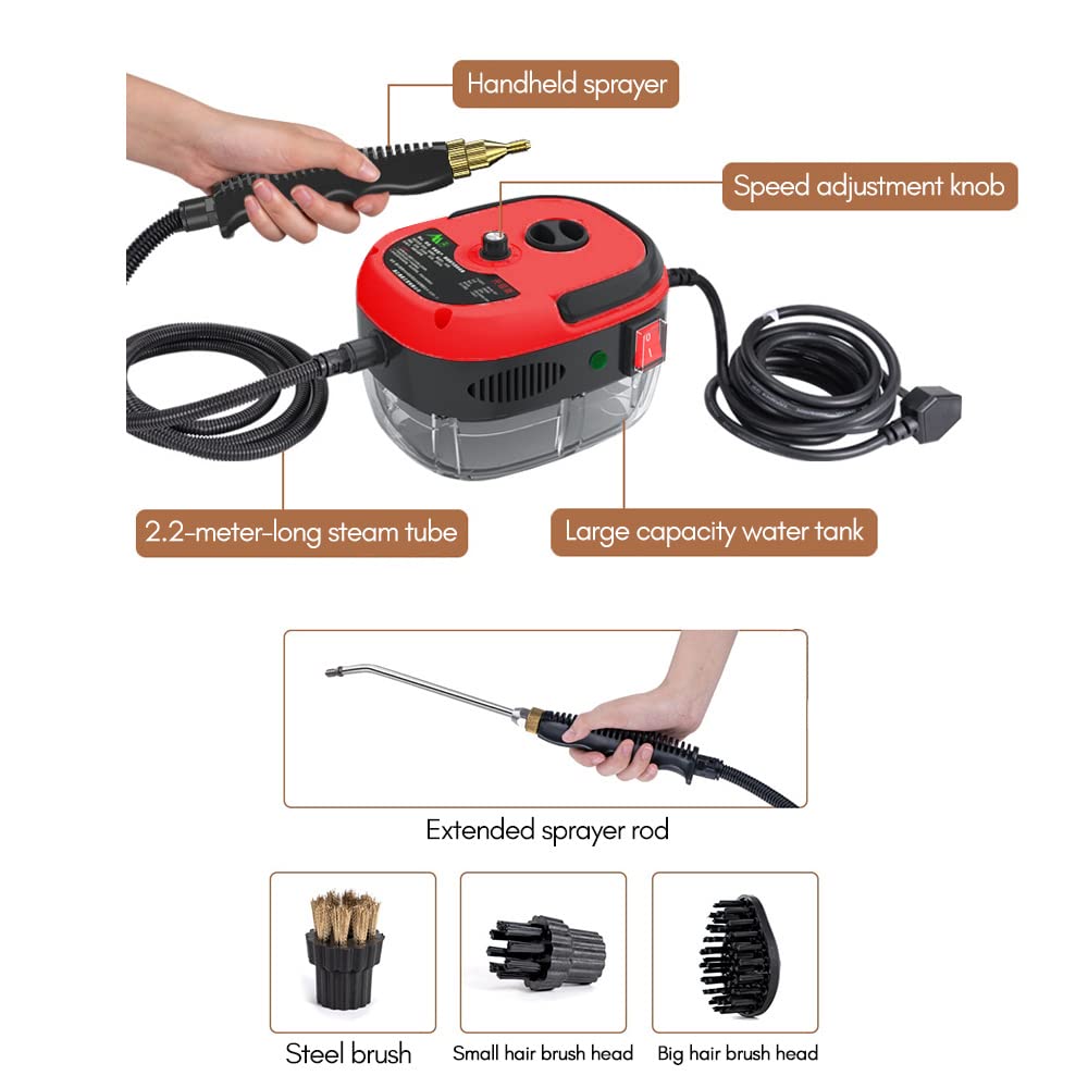 Irishom 2500W Handheld Steam Cleaner High Temperature Pressurized Steam Cleaning Machine Portable Car Steamer with Brush Heads (Red)