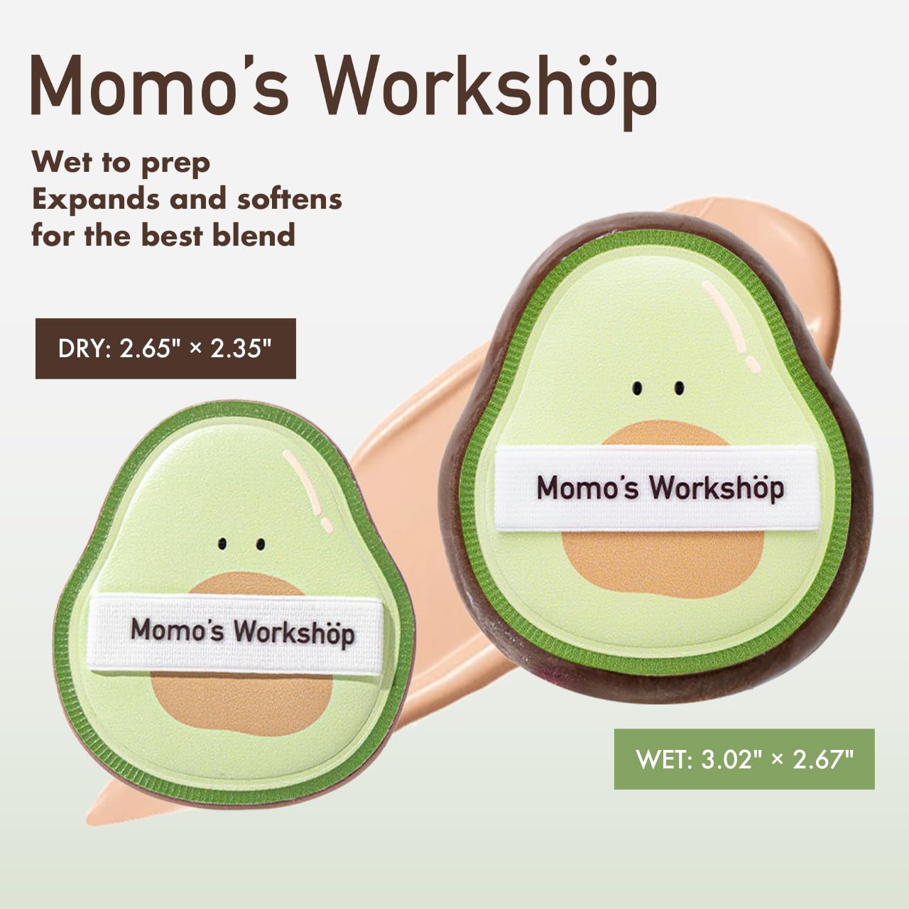 Momo's Workshop Avocado-shaped Makeup Sponge 2Pcs Hydrophilic PU Sponge Dry/Wet for Foundation