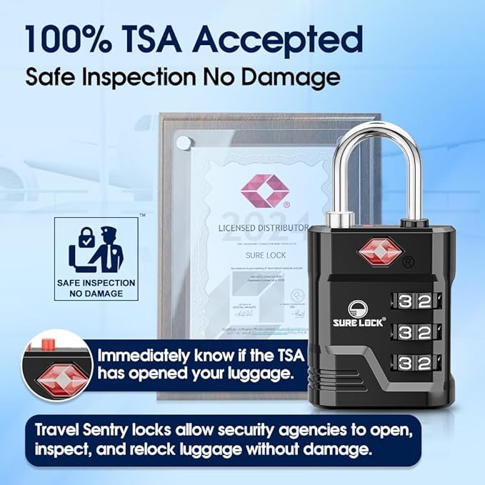 SURE LOCK TSA Locks for Luggage, TSA Approved Luggage Locks with Open Alert, 008 Key for High Security, Easy Read Dials, Zinc Alloy Body, Locker Lock for Suitcase, Gym, Travel. (Black 4 pk)