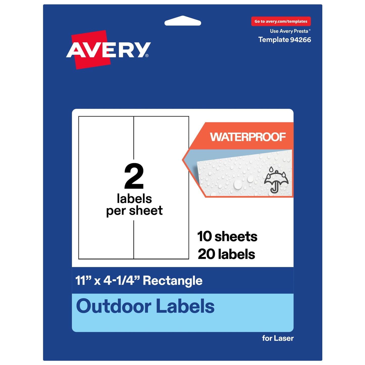 Avery Outdoor Waterproof Rectangle Labels, 11" x 4.25", White Film, Compatible with Laser Printers, 20 Labels Total, Great for Product Branding, Packaging, and More