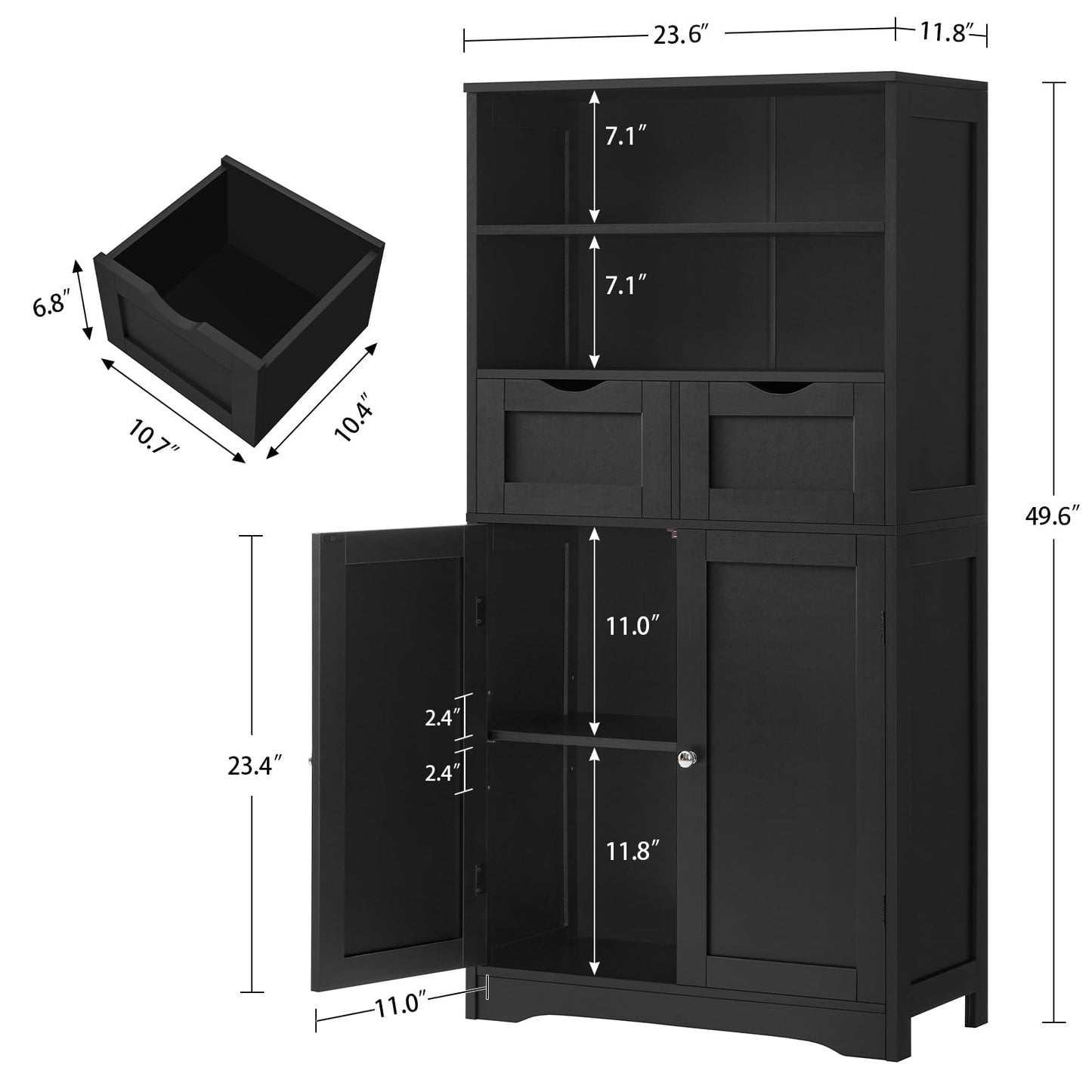 Iwell Tall Storage Cabinet, Black Storage Cabinet & Adjustable Shelves, Bathroom Cabinet for Living Room, Dining Room, Entryway, Black
