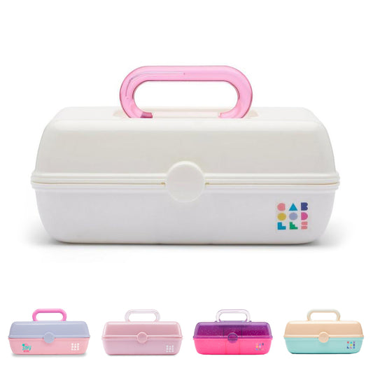Caboodles Pretty in Petite Makeup Box, Two-Tone White on White, Hard Plastic Organizer Box, 2 Swivel Trays, Fashion Mirror, Secure Latch for Safe Travel