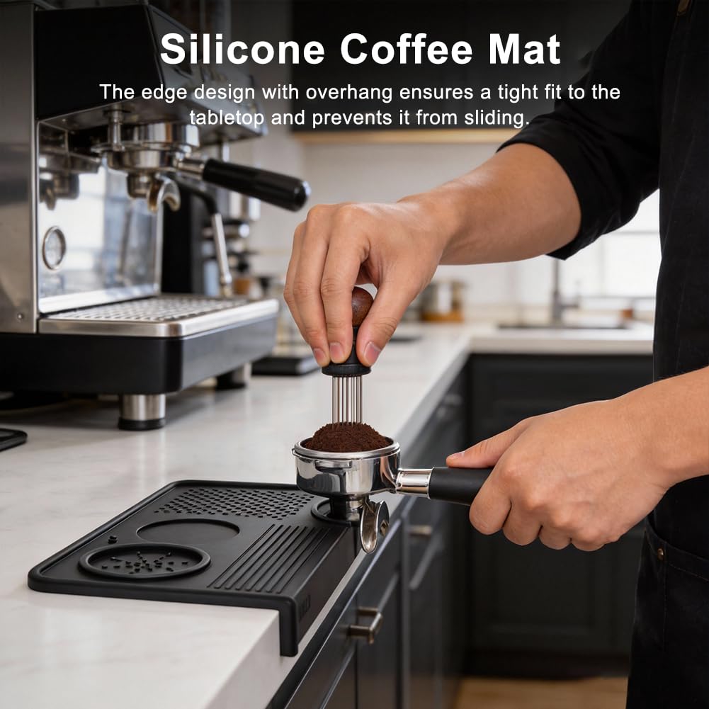 Espresso Tamping Mat and Coffee Brush Set, Non-Slip Silicone Coffee Tamper Mat Tamping Station for Home Kitchen Coffee' Bar, Barista Espresso Machine Acceessories(COLOR:Black)