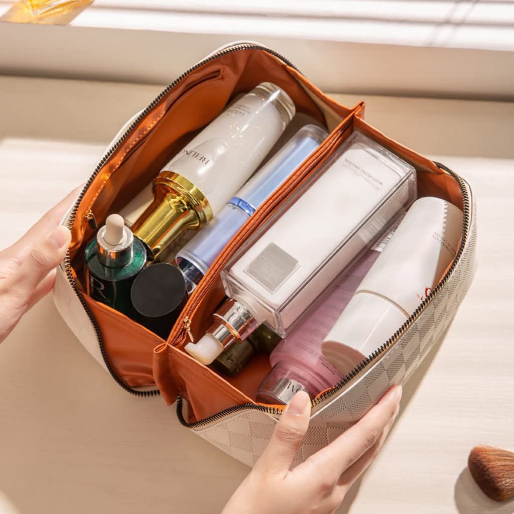 BIVIZKU Large Capacity Checkered Makeup Bag Portable Travel Cosmetic Bags Open-Flat Toiletry Bag for Women Girls Make Up Organizer with Divider Pouch Zipper Bag (black-checkered)