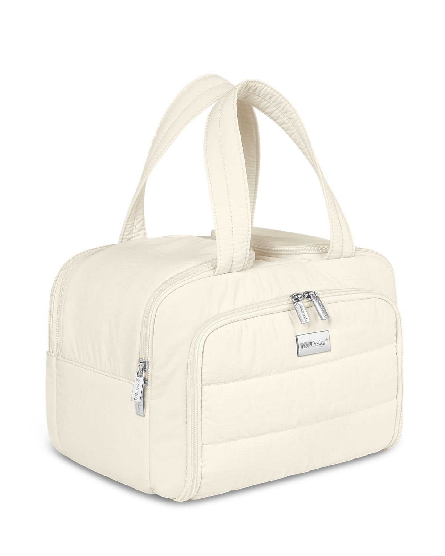 TOPDesign Travel Toiletry Bag for Women, Puffer Large Toiletry Bag, Lightweight Cosmetic Makeup Organizer with Handle for Traveling, Accessories, Essentials, Toiletries (Ivory White)