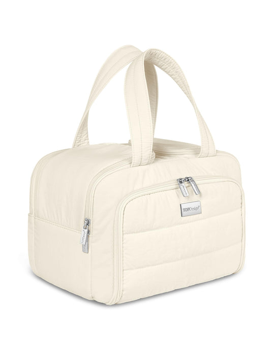 TOPDesign Travel Toiletry Bag for Women, Puffer Large Toiletry Bag, Lightweight Cosmetic Makeup Organizer with Handle for Traveling, Accessories, Essentials, Toiletries (Ivory White)