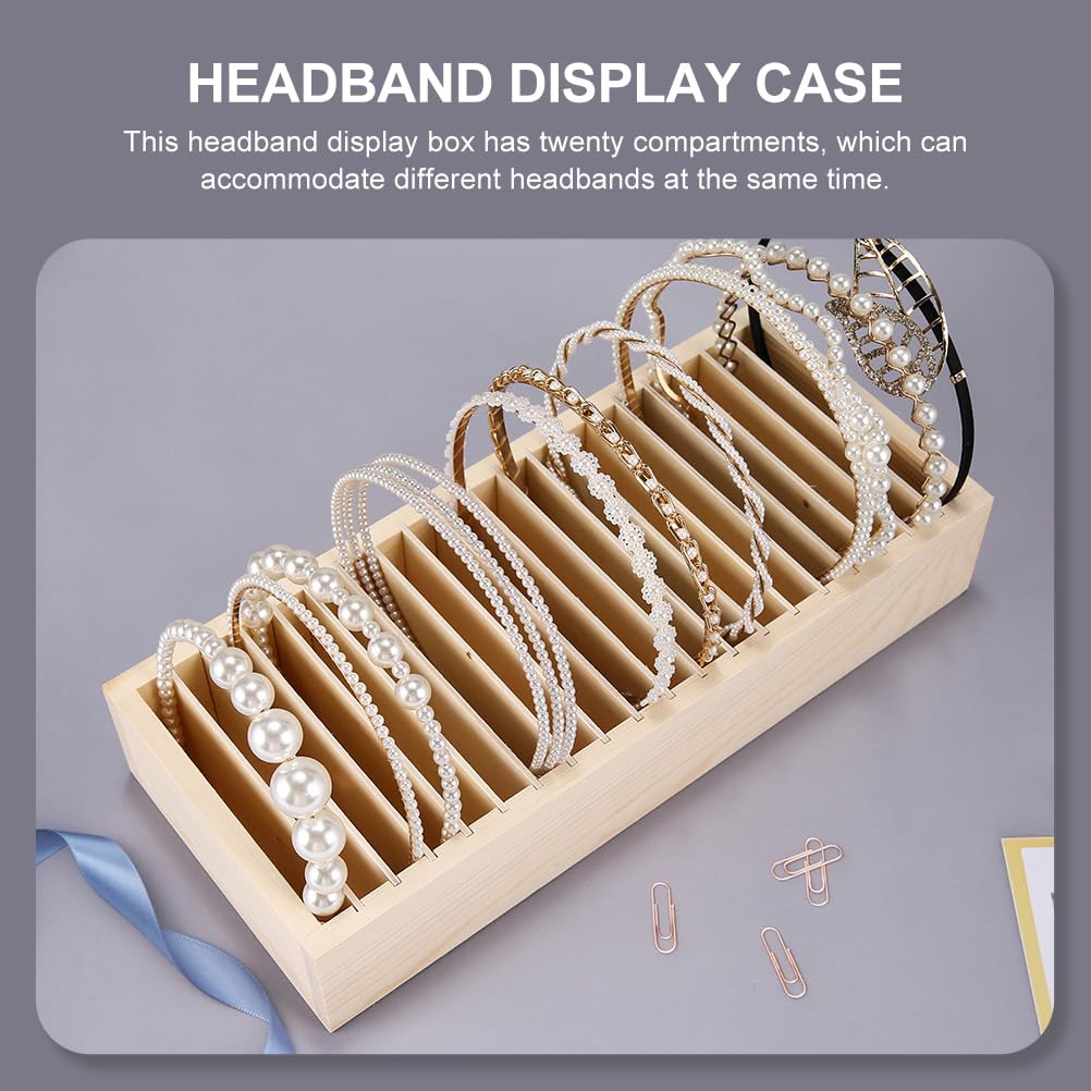 UPKOCH Headband Storage Box with 20 Compartments Wooden Hairband Organizer Display Case Detachable Tray for Hair Accessories Storage 12.59X5.51X2.36 Inches