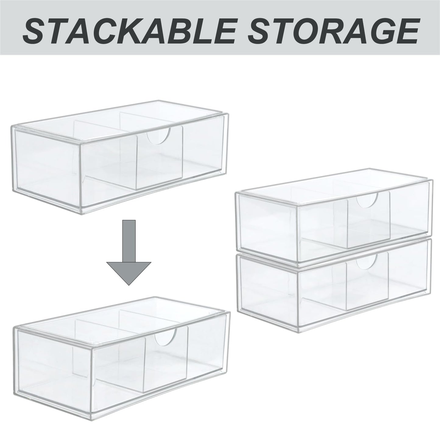 Set of 2 Stackable Storage Drawers - 7.8" Clear Plastic Drawer Storage, Acrylic Makeup Organizer, Desk Counter Cabinet Office Organizer, Bathroom Organizers and Storage (3 Grid/Set of 2)