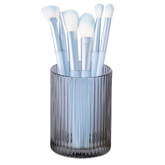 DASITON Makeup Brush Holder Organizer, Crystal Cosmetic Makeup Brushes Storage Holder, Glass Make Up Brush Holder, Vintage Striped Make Up Cup Desk Pen Pencil Holder, Toothbrush Holders (Gray S)
