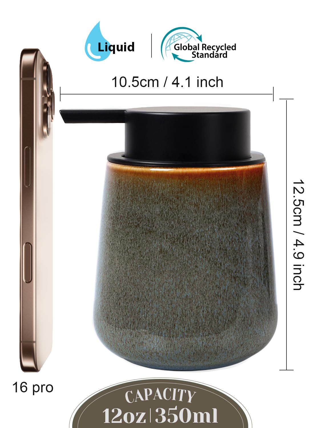 INGOFIN Ceramic Lotion Dispenser - 12 oz Refillable Hand Soap Dispenser Bathroom, Modern Liquid Dispenser with Pump, Dish Soap Dispenser for Kitchen,Kiln-Glazed Green