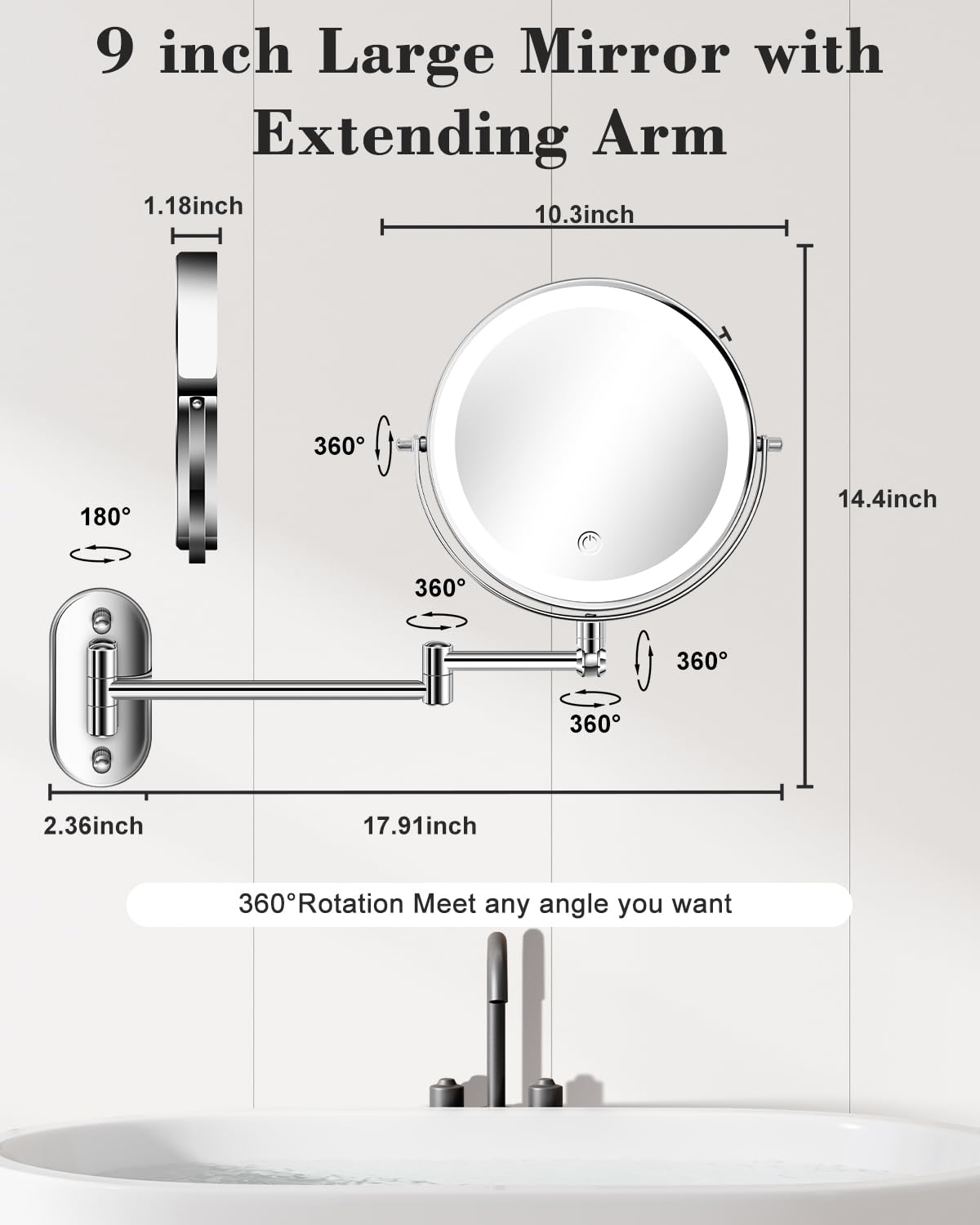 9'' 30X/1X Wall Mounted Lighted Makeup Mirror, Height Adjustable Double Sided 5000mAh Rechargeable Magnifying Bathroom Mirror with Light, 3 Color Modes Touch Dimmable Extended Arm 360 Rotation