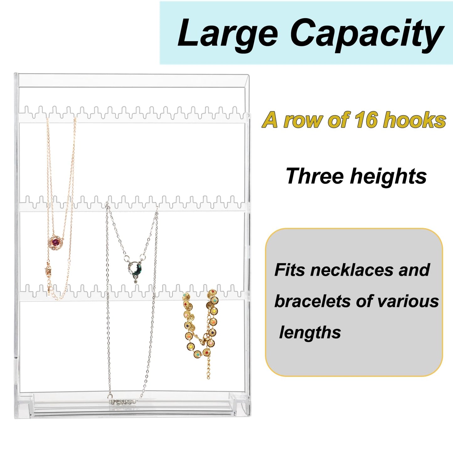 Fordonral Clear Necklace Holder Organizer with 96 Hooks, Transparent Jewelry Box for Necklaces,Earrings,Bracelet - Jewelry Display Box Storage Case