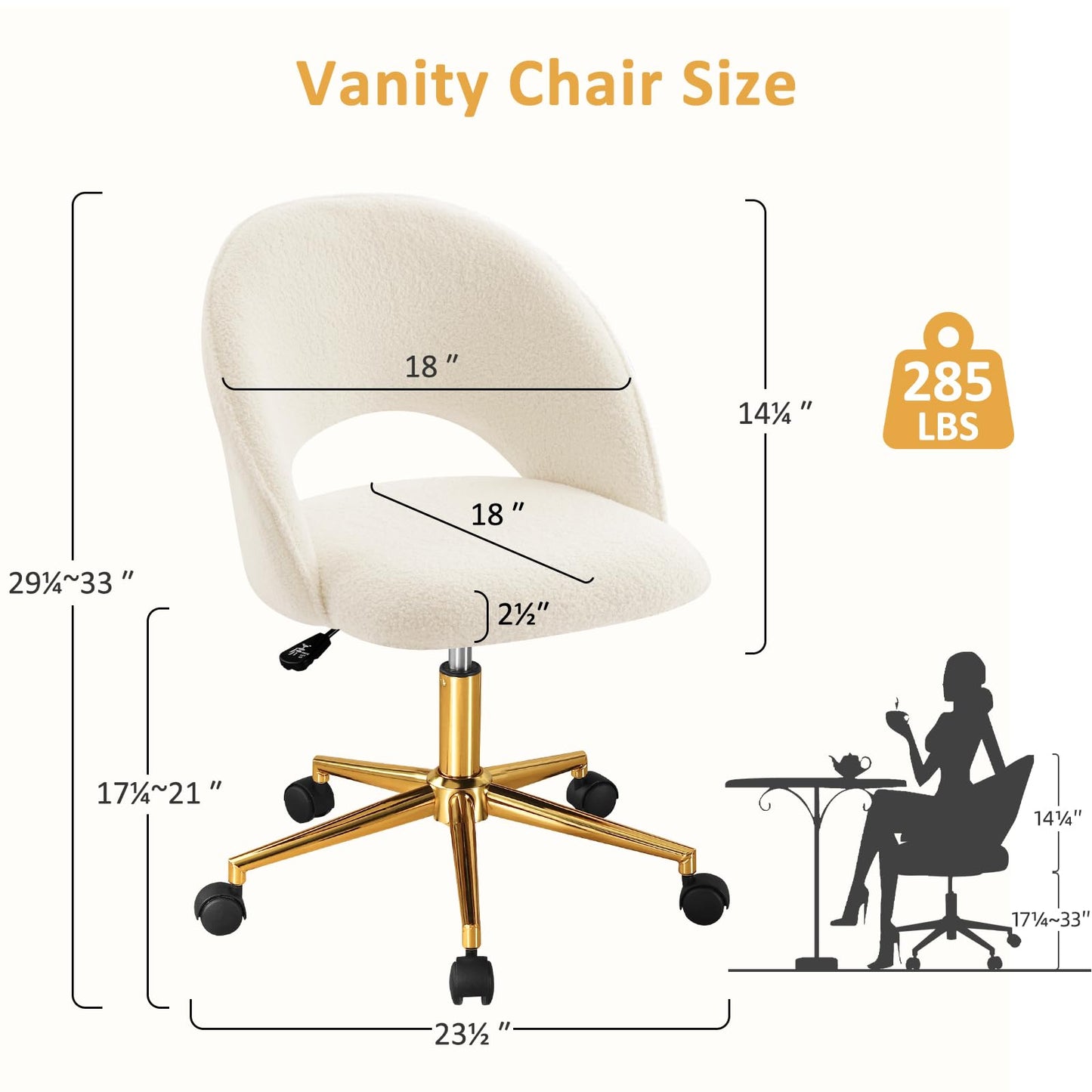 Vanity Chair with Back, Cute Office Desk Chair with Wheels for Girls, Upholstered Armless Accent Chair with Gold Metal Height Adjustable Soft Sherpa Fabric for Living Room/Makeup Room/Bedroom,White