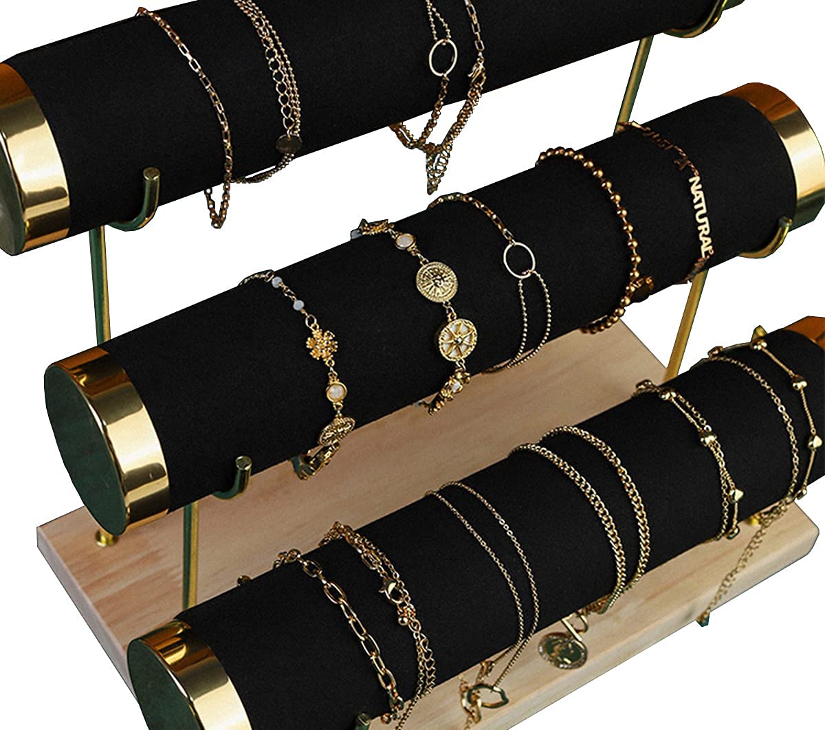 Aqerimit Jewelry Towers with Three Tier Racks, Detachable Black Velvet Gilt-edging Bracelet Display Stand