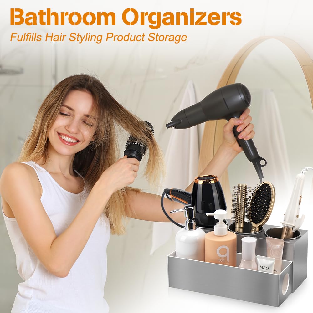 GFWARE Hair Tool Organizer - Bathroom Vanity Organizers and Storage, Hair Styling Accessories Hot Tools Organizer Hair Dryer, Blow Dryer, Curling Iron, Flat Iron, Hair Straightener, Silver
