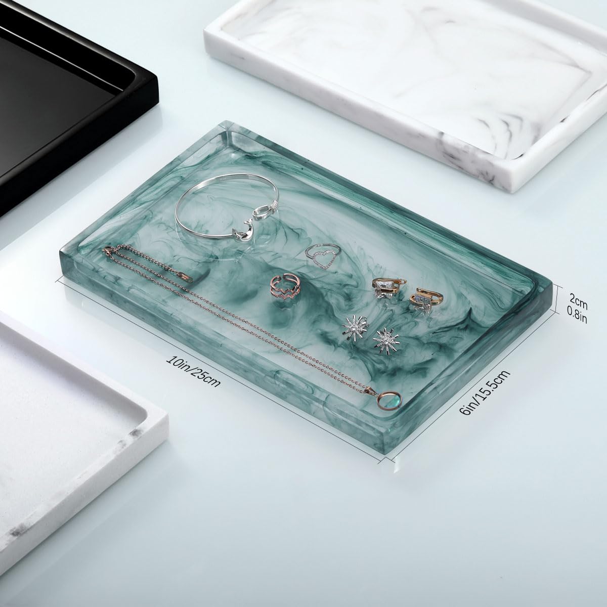 Emibele Bathroom Tray - Resin Countertop Vanity Tray with Jewelry Storage & Organizer for Candle, Plant, Perfume, Shampoo, Towel - Home Decor, Medium, Ink Green
