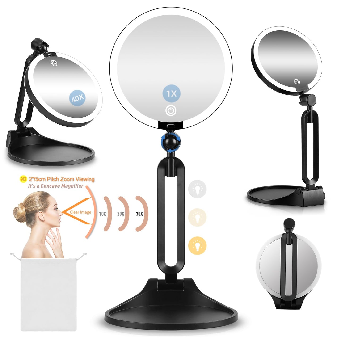 Travel Makeup Mirror with Lights,6" Portable Lighted Vanity Mirrors for Desk/Travel,1X+40X Double Sided Dimming LED Mirror with Adjustable Foldable Stand,Powerful Magnifying Only for Details Checking