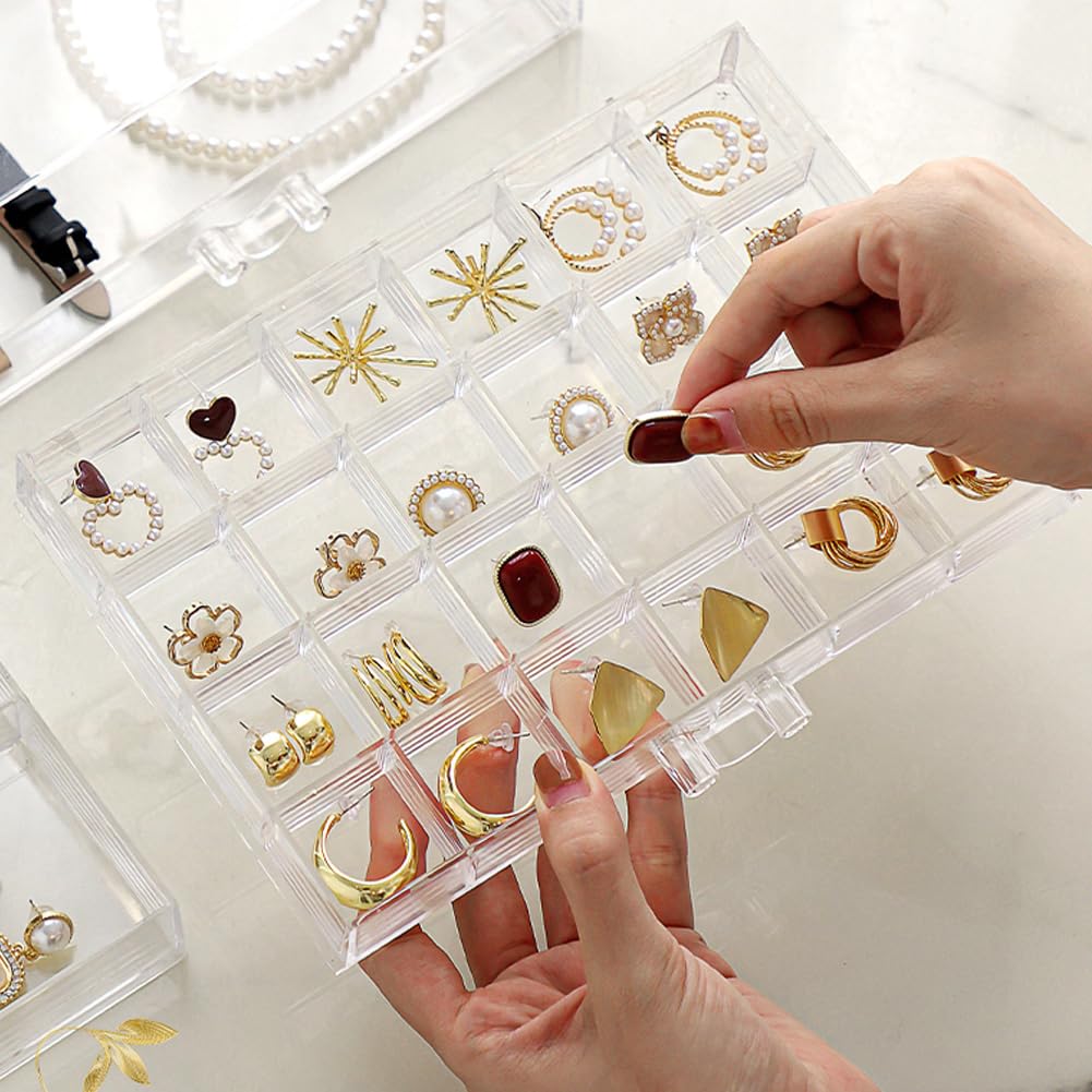 LOARNIEA Earring Organizer Box Acrylic Stackable Jewelry Organizer with 3 Drawers 72 Small Compartments Clear Jewelry Display Stand for Stud Earring Ring Pin Display (Transparent)