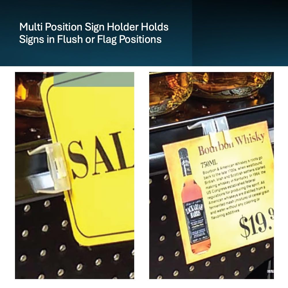Double-Channel Retail Sign Holder for Gondola Shelves Holds Signs Up to 1/16” Thick in Both Flag and Flush Position, Shelf Talker & Aisle Violator Gripper, 1”W x 1.25”H x ½”D, 100 Pack