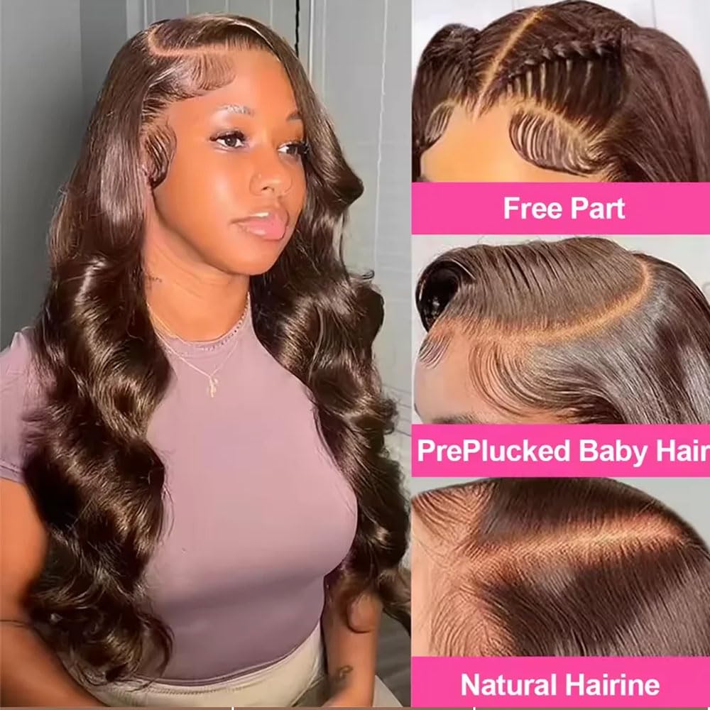 FKFO 200% Density Chocolate Brown Human Hair Wigs 13x4 Body Wave Lace Front Wig Pre Plucked Chestnut Brown Colored Human Hair Wigs For Women HD Transparent Lace Front Wig 24 Inch