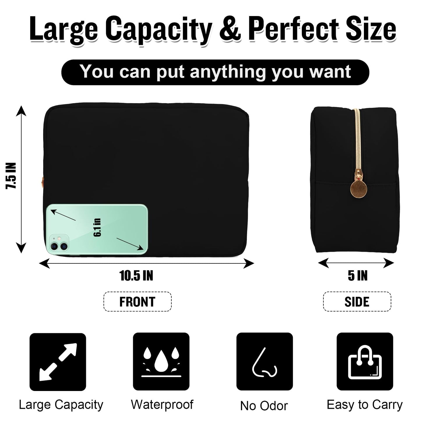 Nylon Large Makeup Bag Travel Pouch for Women, Preppy Big Black Makeup Bag Cute Cosmetic Zipper Pouch Purse, DIY Chenille Letter Bag Waterproof Toiletry Bag Clutch Make Up Organizer for Girls(Black)