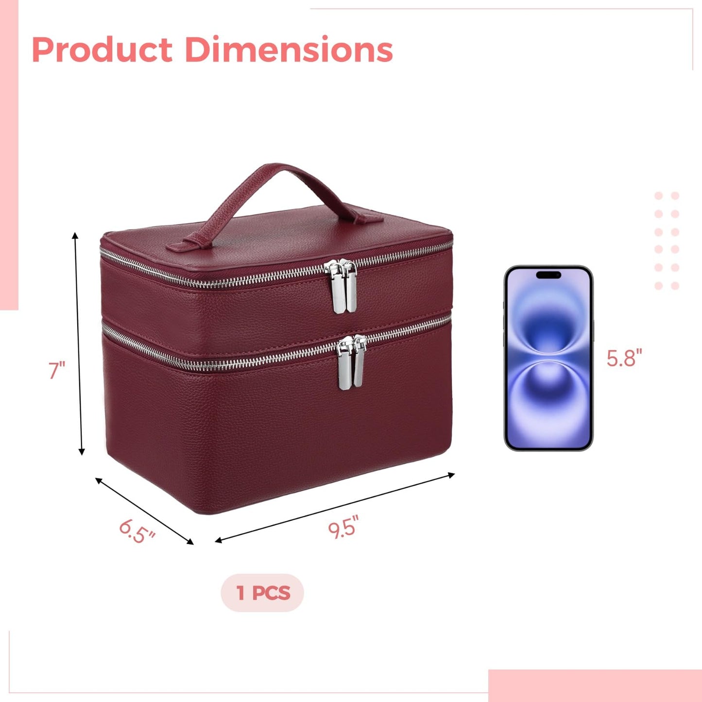 Makeup Vanity Bag for Women - Large Capacity Cosmetic Organizer with Removable Liner, Waterproof PU Leather Skincare Bag, Portable Chic Cosmetic Make Up Case for Skincare, Accessories,StyleC, Burgundy