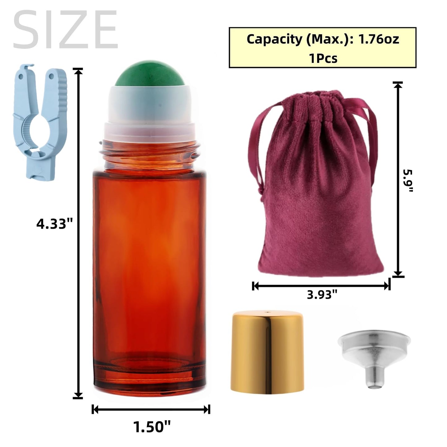 Roller Ball Applicator,Rose Quartz Roller Bottle,50ml Refillable Amber Glass Roll On Bottles with Natural Crystal Roller Balls,Leak-Proof Travel Perfume Bottle with Gold Caps (2Green)