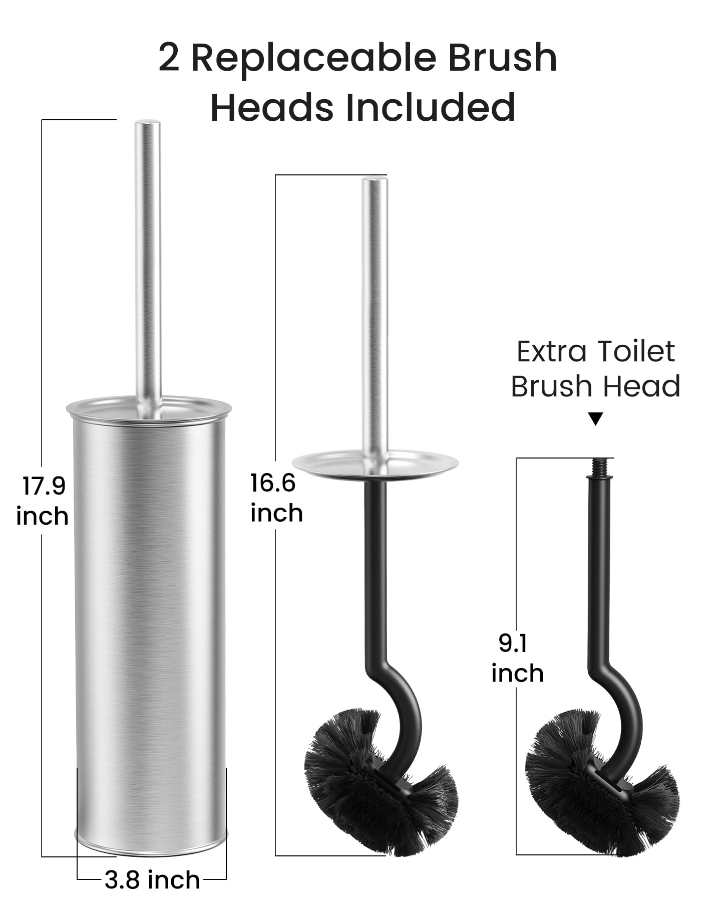 Cesun Toilet Brush and Holder Set, Curved Toilet Bowl Brush for Under Rim Cleaning, 304 Stainless Steel Holder, Weighted Base, Long Handle Toilet Scrubber, 2 Brush Heads, Silver